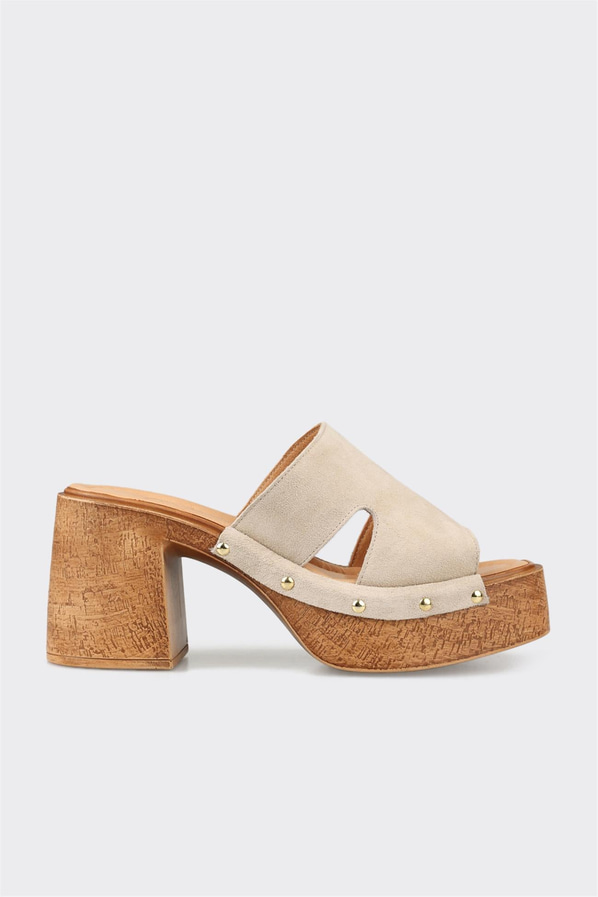 Bej deri topuklu kadın terlik, ofis stili için - Elle Shoes
