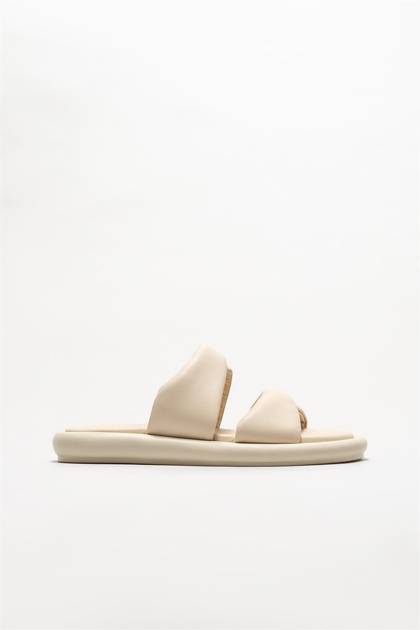 Bej deri kadın düz terlik - Elle Shoes