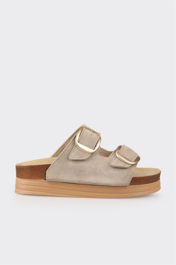 Bej deri simli kadın düz terlik, rahat kullanım için - Elle Shoes