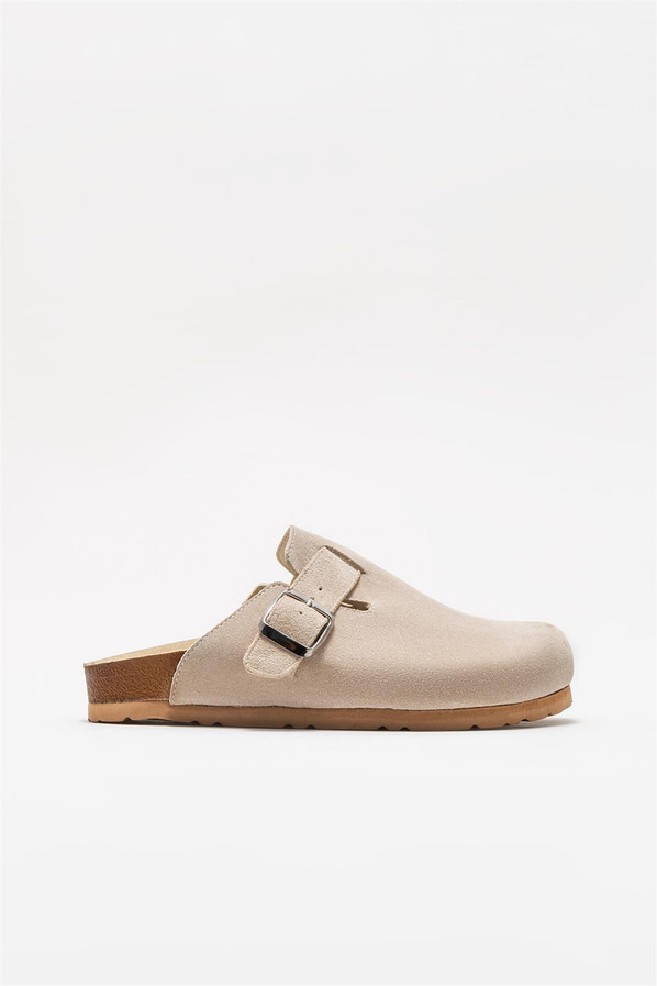 Bej deri kadın düz terlik - Elle Shoes