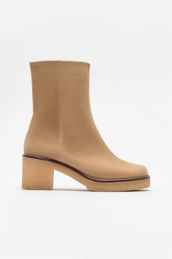 Bej deri topuklu kadın bot - Elle Shoes