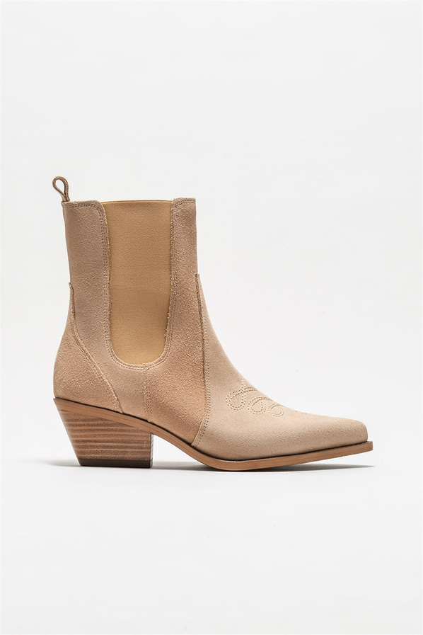 Bej deri topuklu kadın bot - Elle Shoes