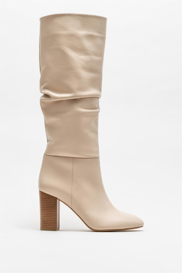 Bej deri topuklu kadın çizme - Elle Shoes