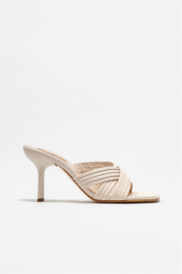 Bej deri topuklu kadın terlik - Elle Shoes