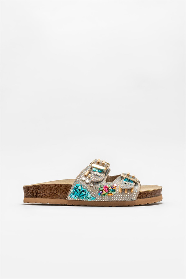 Bej deri kadın düz terlik - Elle Shoes