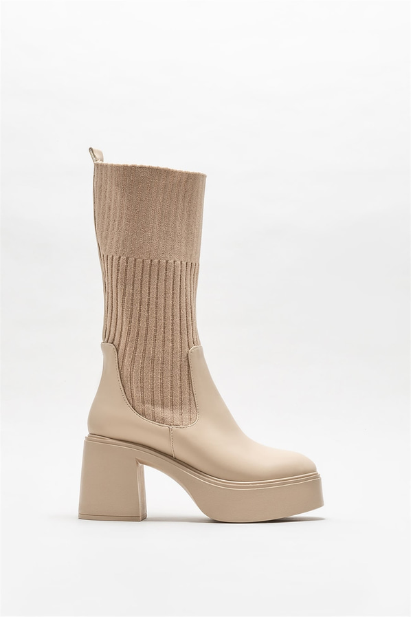 Bej topuklu kadın bot - Elle Shoes