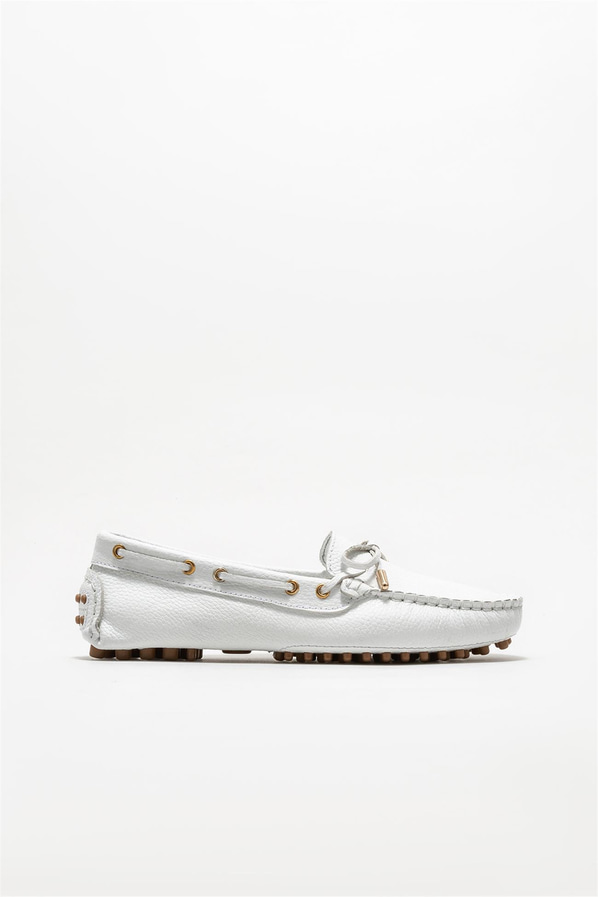 Beyaz deri kadın loafer, günlük kullanım için - Elle Shoes