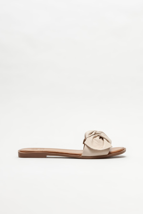 Ekru deri düz kadın terlik - Elle Shoes