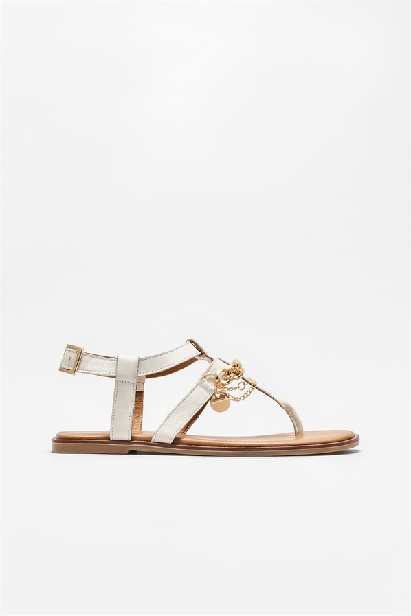 Ekru deri kadın sandalet - Elle Shoes