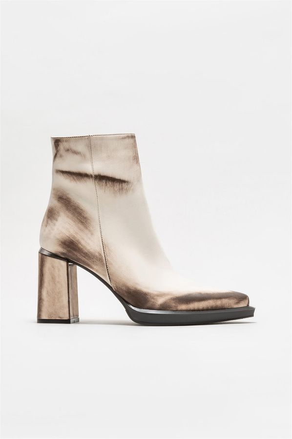 Ekru deri topuklu kadın bot - Elle Shoes