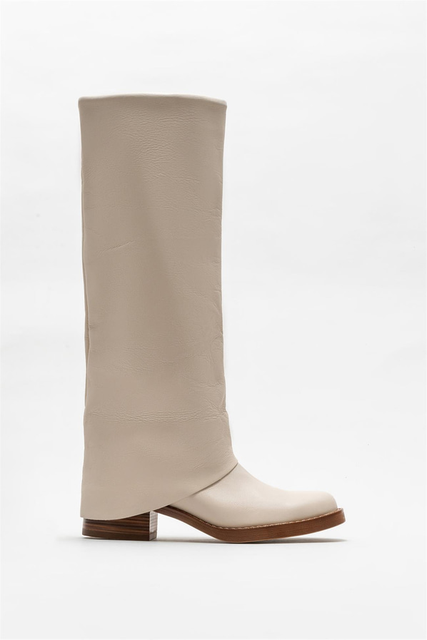 Ekru deri topuklu kadın çizme - Elle Shoes