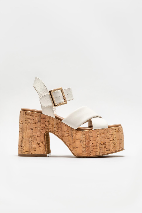 Ekru deri topuklu kadın sandalet - Elle Shoes