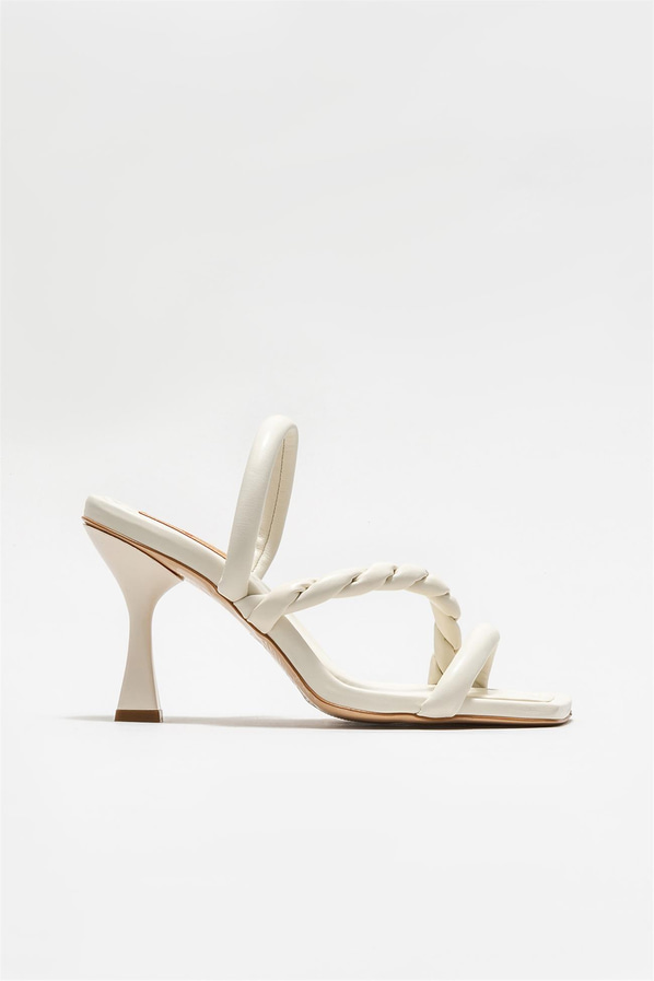 Ekru deri topuklu kadın terlik - Elle Shoes