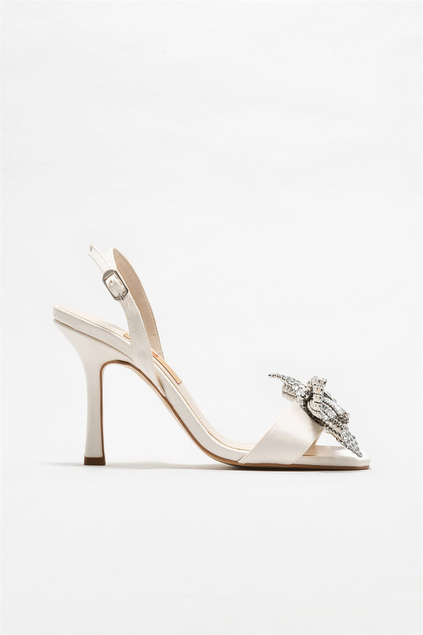 Ekru tekstil simli ince topuklu kadın sandalet, rahat kullanım için - Elle Shoes