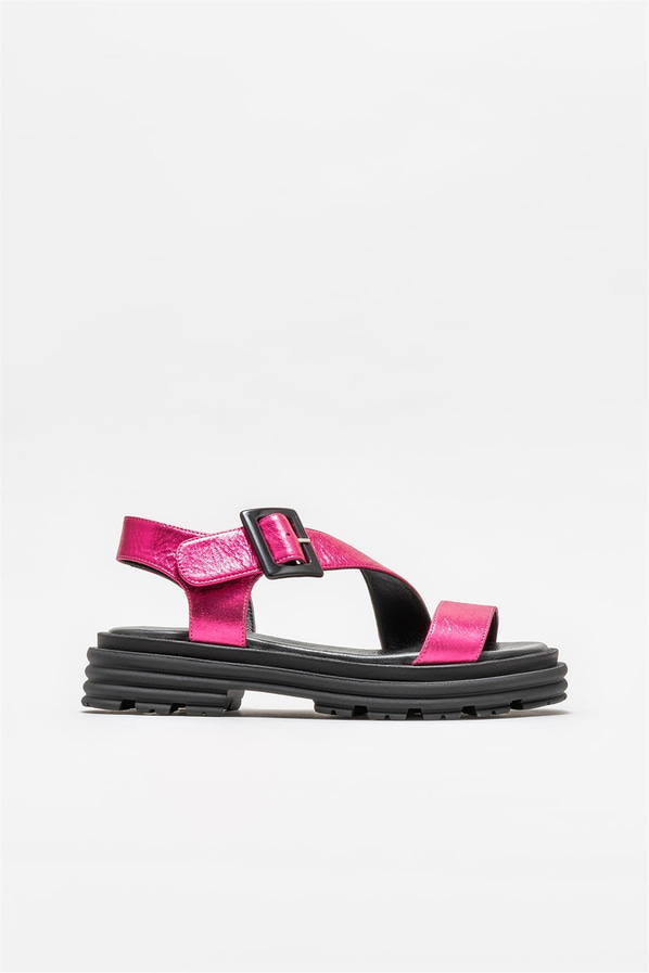 Fuşya deri kadın sandalet - Elle Shoes