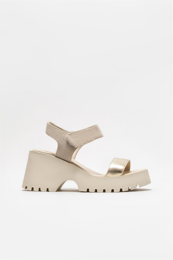Gold deri dolgu topuklu kadın sandalet - Elle Shoes