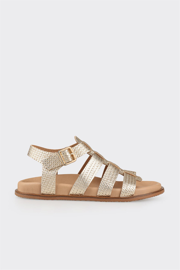 Gold altın deri düz kadın sandalet - Elle Shoes