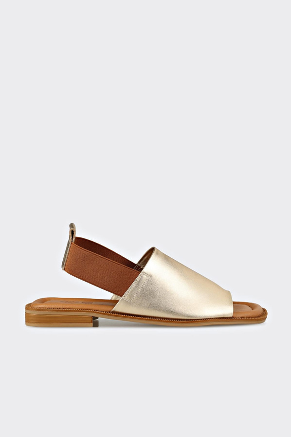 Gold deri düz kadın sandalet, klasik stil için - Elle Shoes