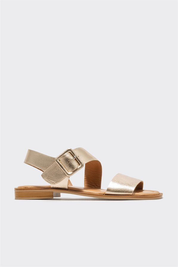 Gold deri düz kadın sandalet, ofis stili için - Elle Shoes