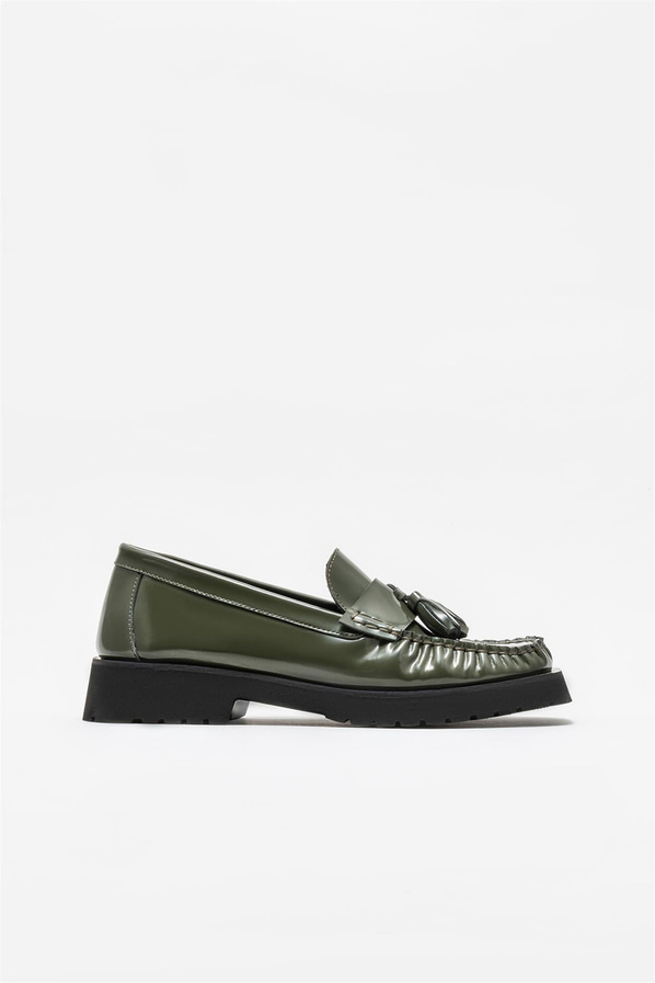 Haki deri kadın loafer - Elle Shoes