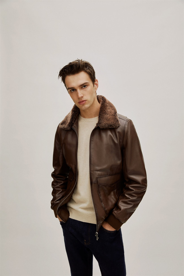 Kahve deri erkek bomber ceket - Elle Shoes