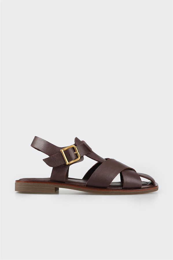 Kahve deri kadın düz sandalet, günlük kullanım için - Elle Shoes