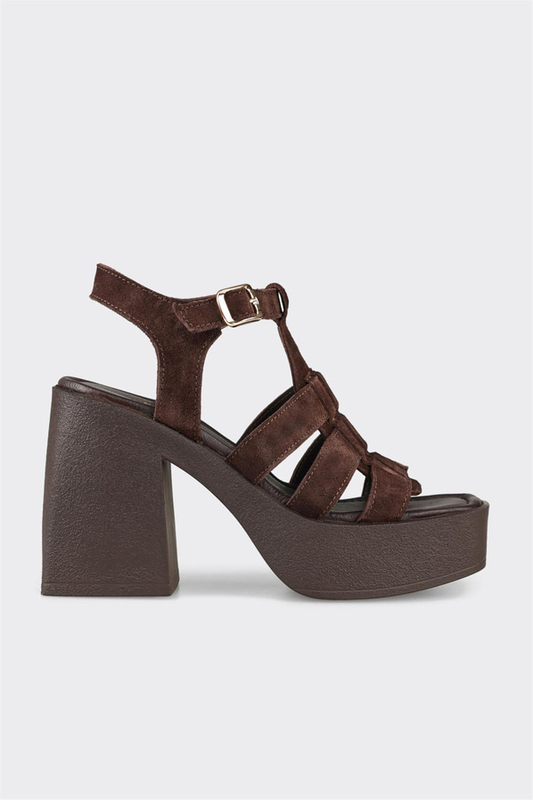 Kahve deri ve süet topuklu kadın sandalet - Elle Shoes