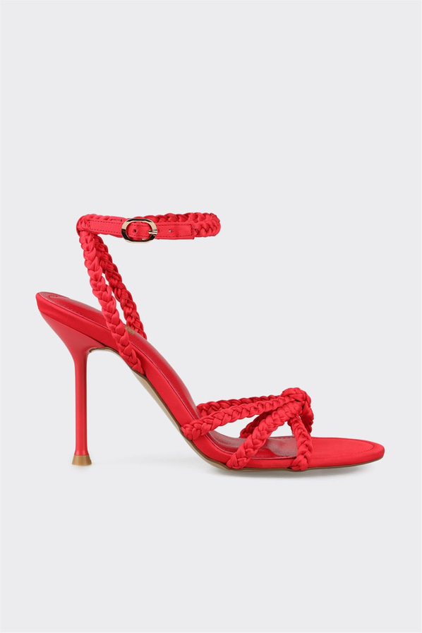 Kırmızı örgü dokulu topuklu kadın sandalet - Elle Shoes