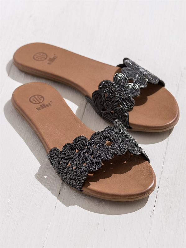Siyah deri kadın düz terlik - Elle Shoes