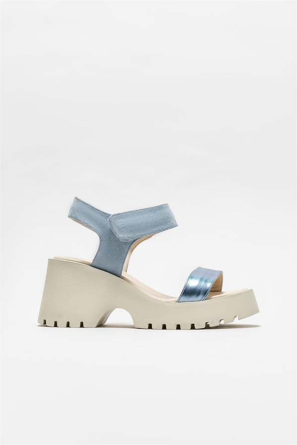 Mavi deri dolgu topuklu kadın sandalet - Elle Shoes