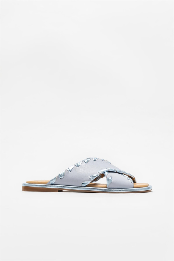 Mavi deri kadın düz terlik - Elle Shoes