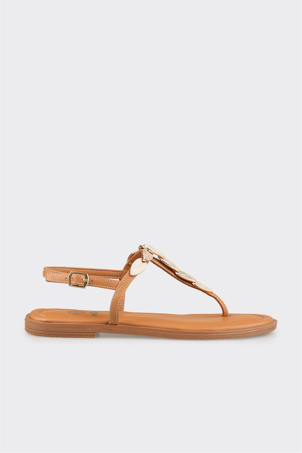 Naturel deri düz yumuşak dokulu kadın sandalet - Elle Shoes