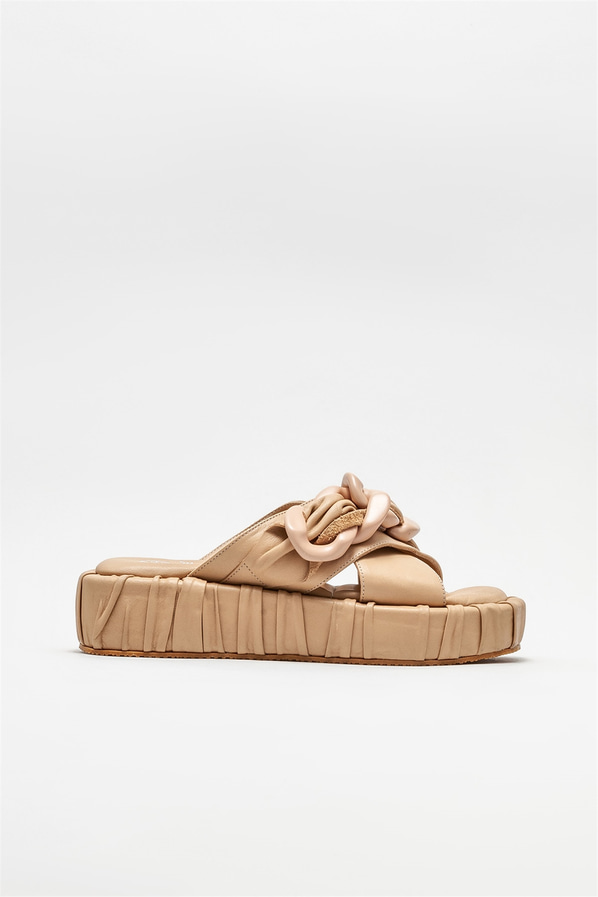 Naturel deri kadın düz terlik - Elle Shoes