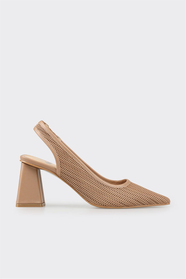 Naturel deri ve hasır sivri burunlu dokulu kadın topuklu ayakkabı, rahat kullanım için - Elle Shoes