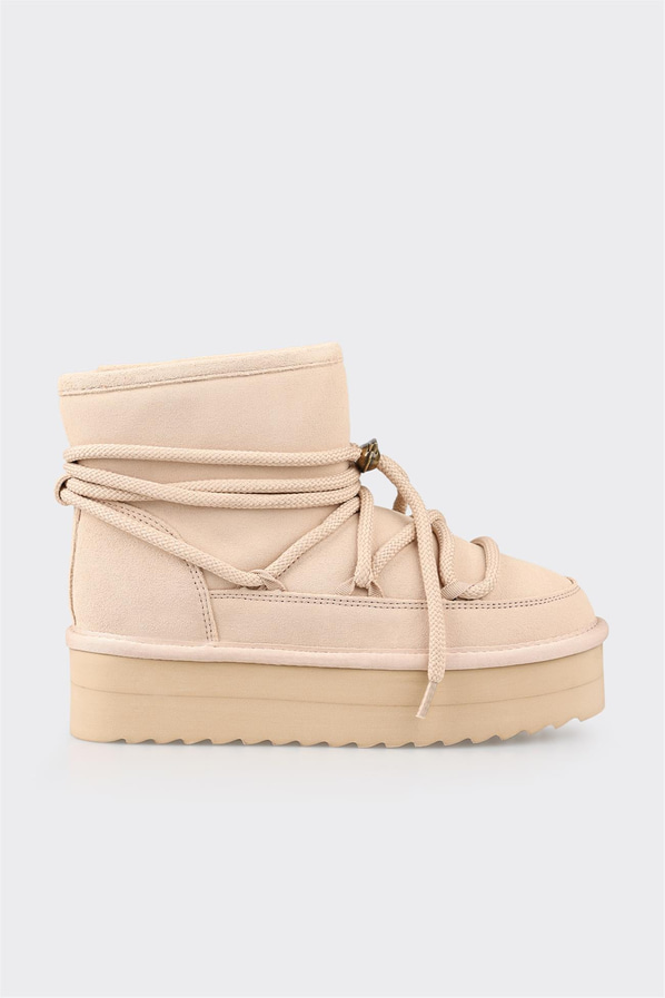 Naturel deri bağcıklı kalın tabanlı kadın bot - Elle Shoes