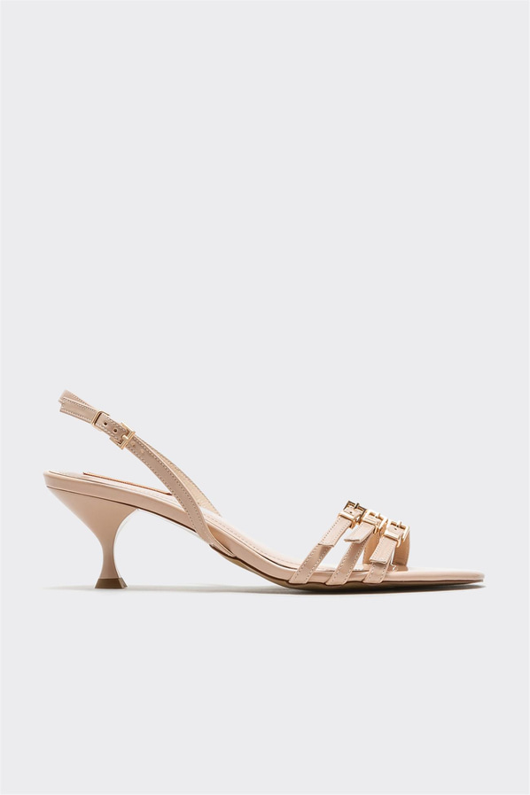 Naturel rugan bantlı kadın topuklu sandalet, ofis stili için - Elle Shoes