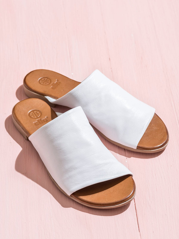 Beyaz deri kadın düz terlik - Elle Shoes