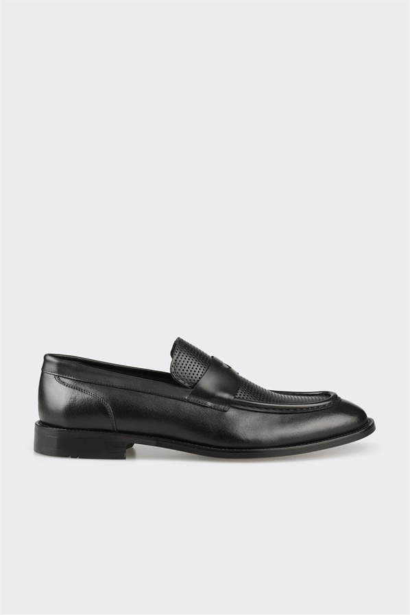 Siyah deri erkek loafer, ofis stili için - Elle Shoes