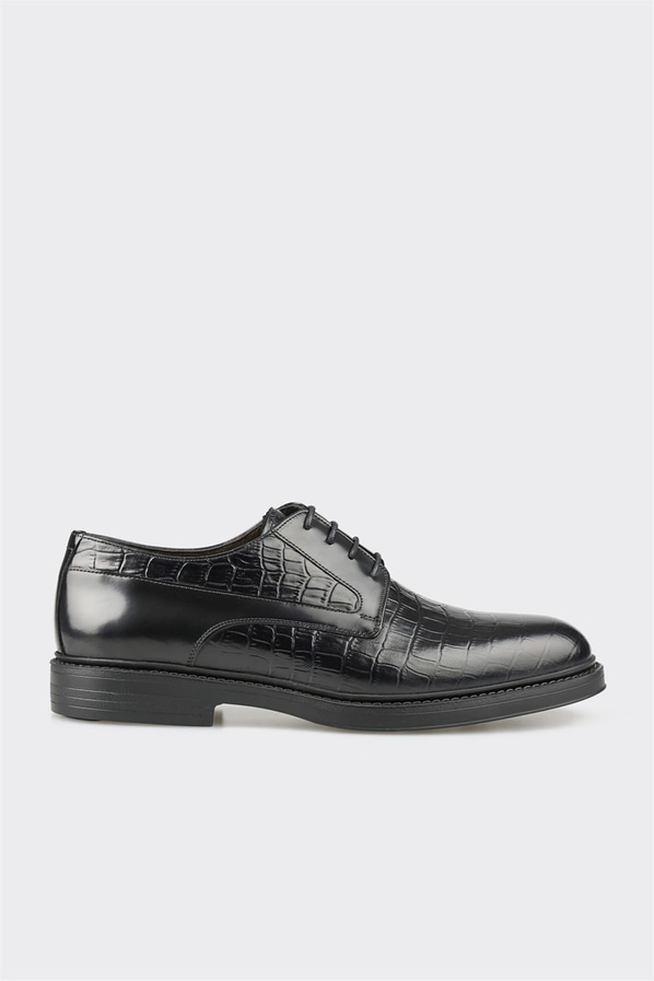 Siyah deri kroko dokulu erkek klasik ayakkabı, rahat kullanım için - Elle Shoes