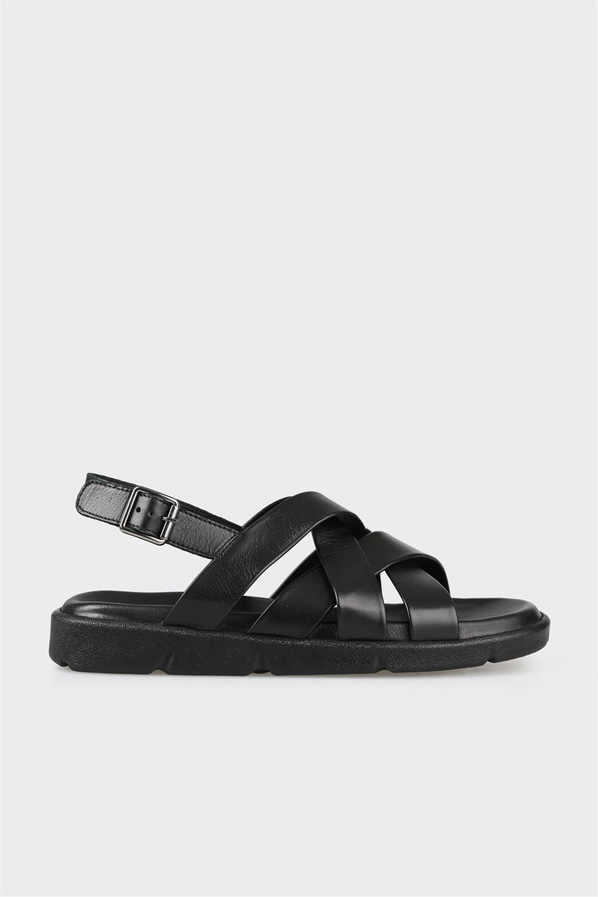 Siyah deri erkek sandalet - Elle Shoes