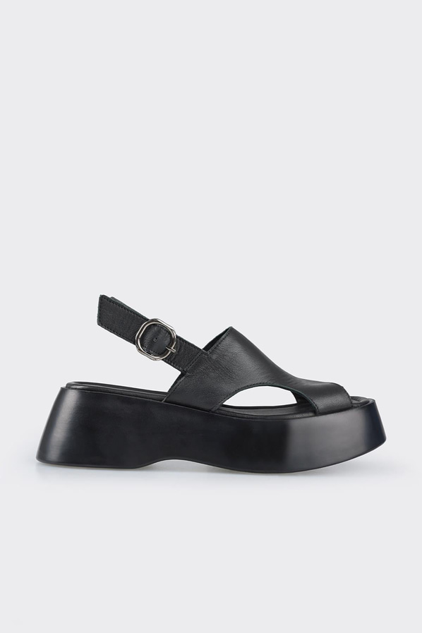 Siyah deri dolgu topuklu kadın sandalet - Elle Shoes