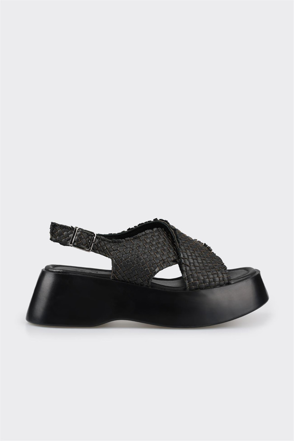 Siyah deri dolgu topuklu kadın sandalet - Elle Shoes