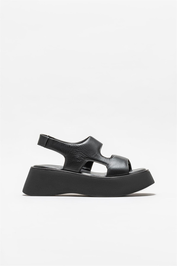Siyah deri dolgu topuklu kadın sandalet - Elle Shoes