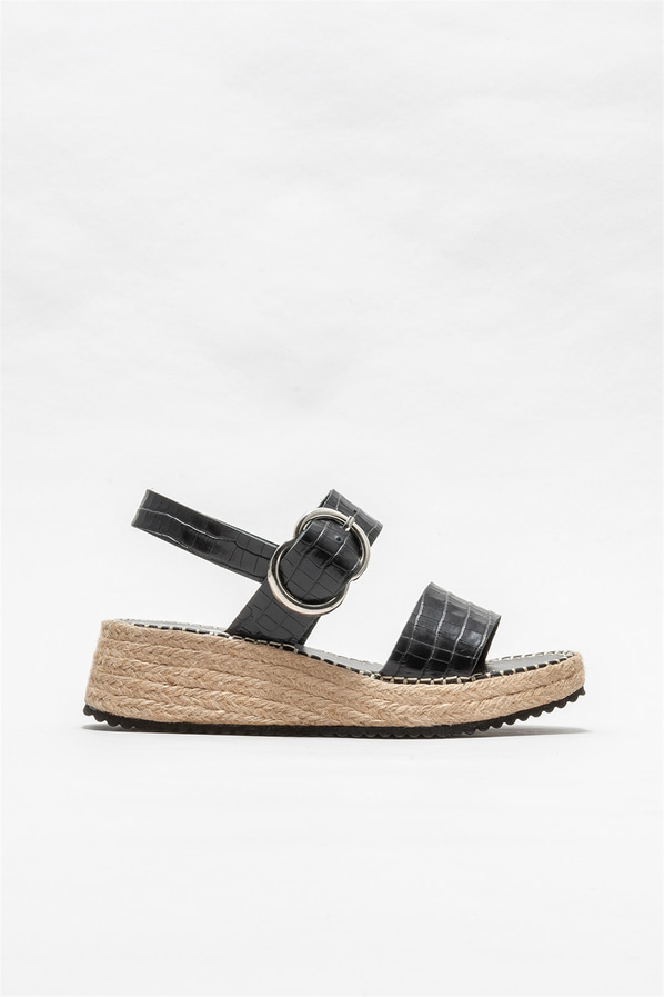 Siyah deri dolgu topuklu kadın sandalet - Elle Shoes