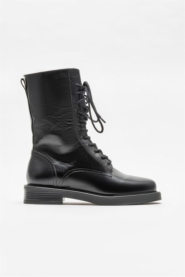 Siyah Deri Kadın Düz Bot