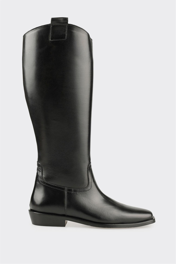 Siyah Deri Kadın Düz Çizme
