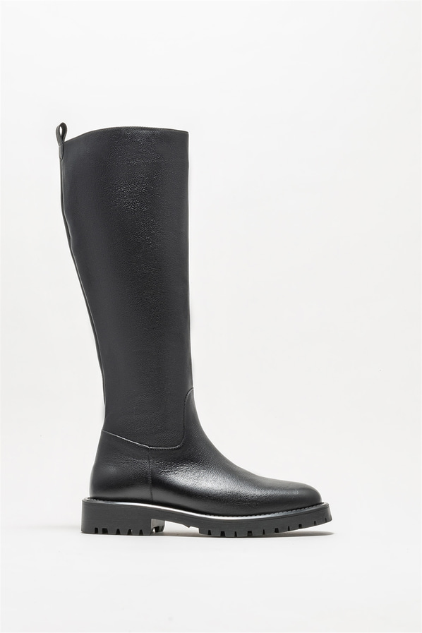 Siyah deri düz kadın çizme - Elle Shoes