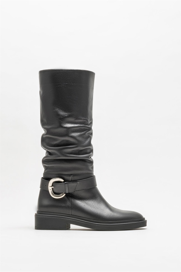 Siyah deri düz kadın çizme - Elle Shoes