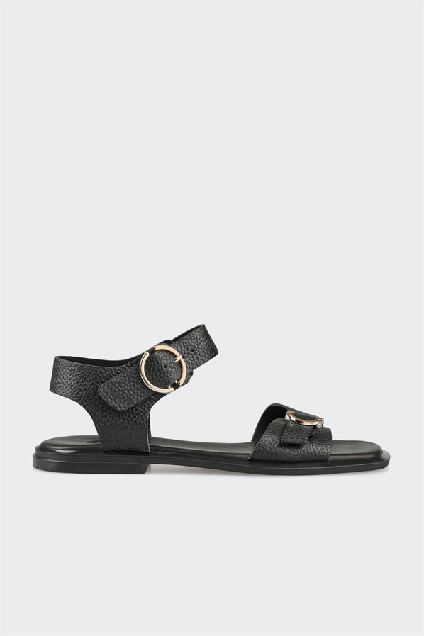 Siyah deri düz kadın sandalet, ofis stili için - Elle Shoes