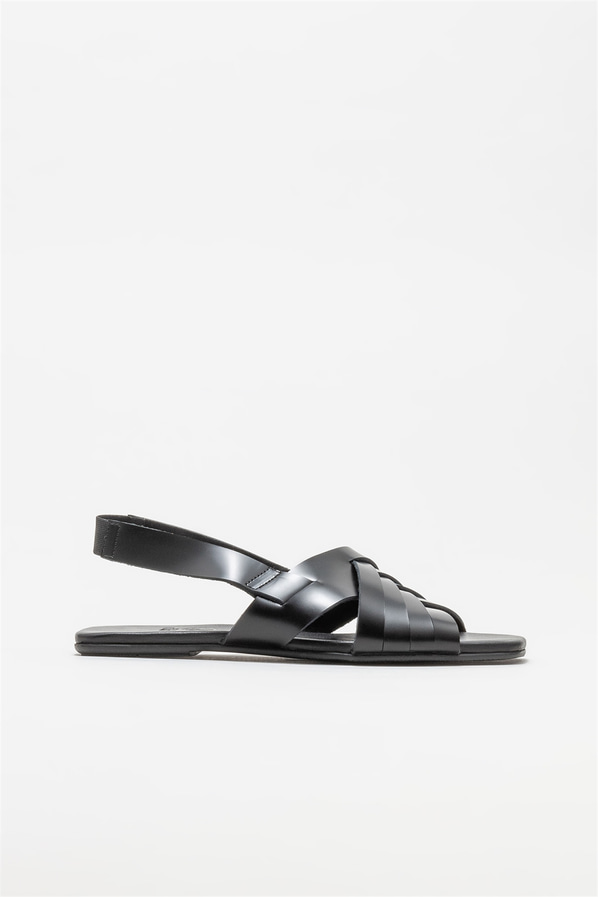 Siyah deri düz kadın sandalet - Elle Shoes